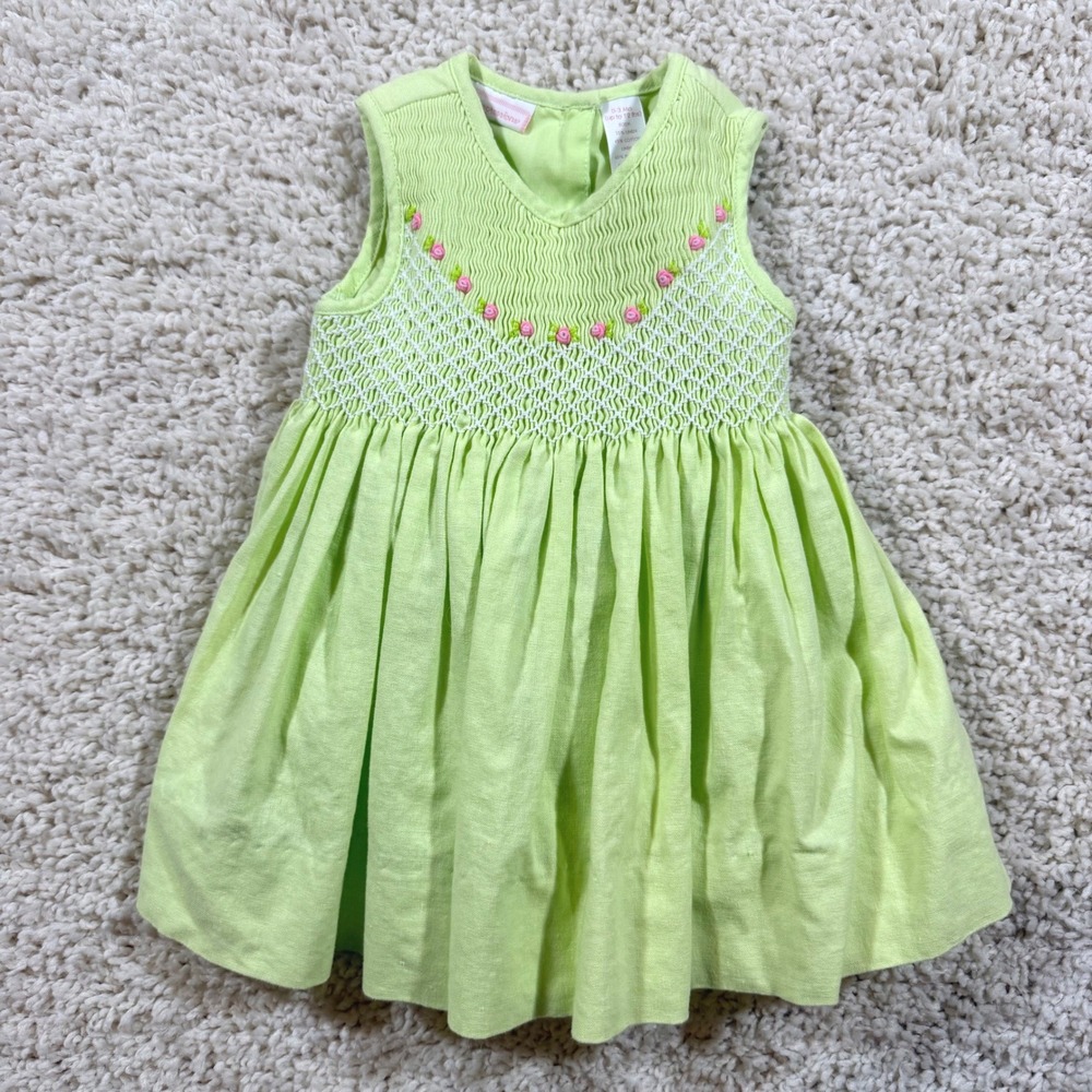 Vintage First Impressions Lime Green Smocked Linen Dress 0-3 M Cottagecore